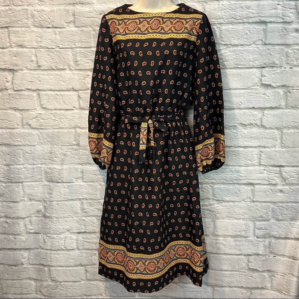 Vintage 70s/80s JJ Dean Paisley Print Belted MIDI Long Sleeve Bohemian Dress
